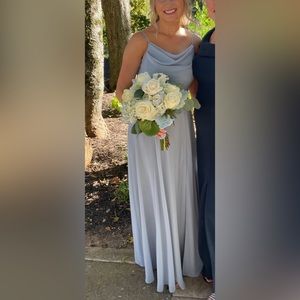 Dusty blue bridesmaids dress. Size 2 hemmed to 5’3 wearing 2 inch heels